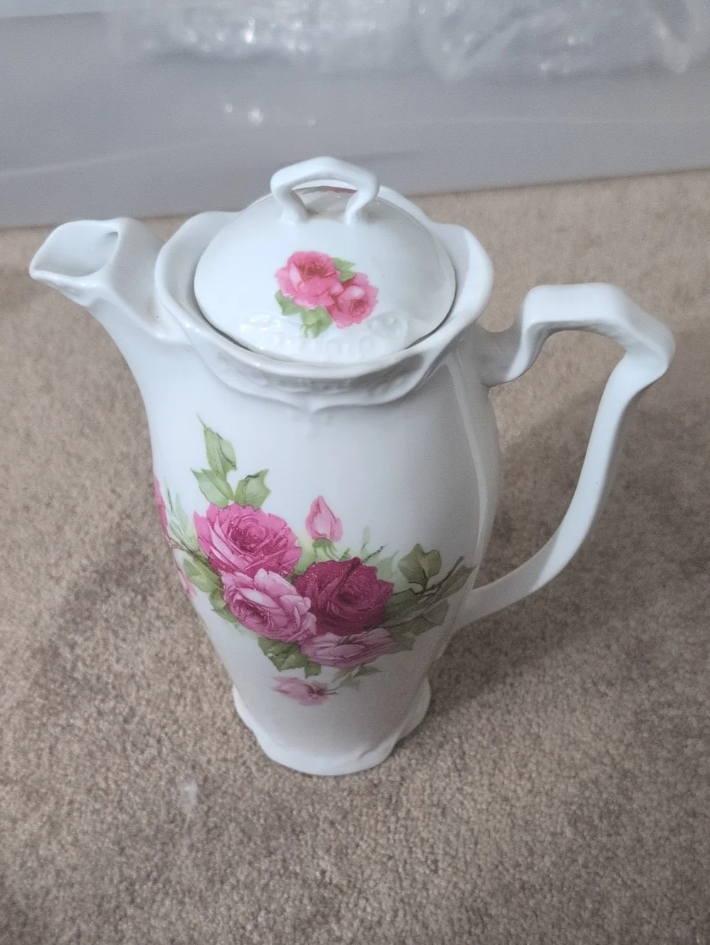 Vintage Mid 20 Century White Porcelain Coffee Pot with Pink Rose Floral Design